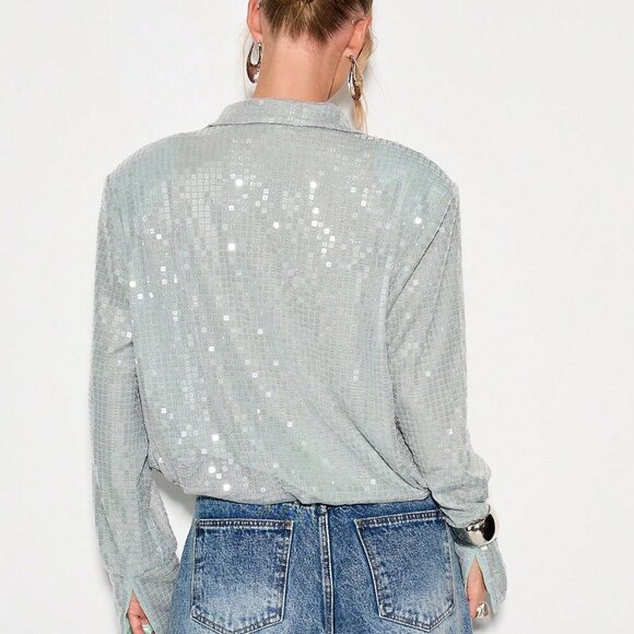 Dusty Blue Casual Women's Metallic Sequin Long Sleeve Evening Plunge Bodysuit - Picture 2 of 5